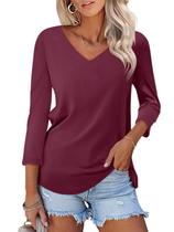 Blusa Feminina ORANDESIGNE Manga 3/4 Decote V Vermelho Vinho Blusa Feminina ORANDESIGNE Manga 3/4 Decote V Vermelho Vinho