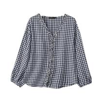 Blusa Feminina Oversize Xadrez Com Decote Em V E Manga Longa, Camisa Casual Com Babados E Botões, Blusa Feminina Oversize Xadrez Com Decote Em V E Manga Longa, Camisa Casual Com Babados E Botões,