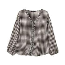 Blusa Feminina Oversize Xadrez Com Decote V E Manga Longa, Camisa Casual Com Babados E Botões,
