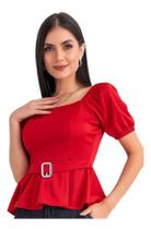 Blusa Feminina Peplum Com Fivela Em Malha Com Manga Curta