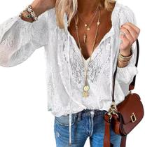Blusa feminina Pinclodly, boho, floral, crochê, renda, decote em V, 2025