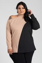 Blusa Feminina Plus SIize Ribana Canela Ombro Vazado Detalhe Contrastante - Serena Blusa Feminina Plus SIize Ribana Canela Ombro Vazado Detalhe Contrastante - Serena