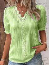 Blusa Feminina plus Size Amarelo Verde Violetas Renda Branca Manga Curta Decote Em V Casual