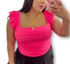 Blusa feminina plus size canelada alça babado moda blogueira