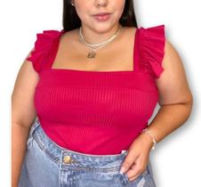 Blusa feminina plus size canelada alça babado moda feminina