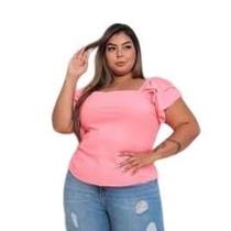 Blusa feminina plus size canelada alça lastex dois babados decote reto casual