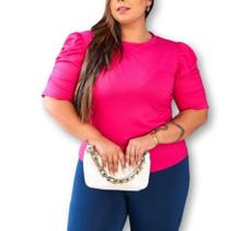 Blusa feminina plus size canelada gola rasa manga bufante drapeada moda feminina