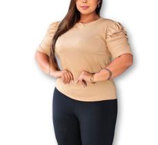 Blusa feminina plus size canelada gola rasa manga bufante drapeada tendência feminina