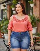 Blusa Feminina Plus Size Ciganinha Coral Claro Blusa Feminina Plus Size Ciganinha Coral Claro