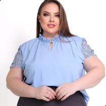 Blusa Feminina Plus Size Com Gola Pedrinhas Manga Guipir Blusa Feminina Plus Size Com Gola Pedrinhas Manga Guipir