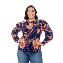 Blusa Feminina Plus Size de Manga Longa com Franzido Delicado nos Ombros, Amarração na Gola e Lastex nos Punhos