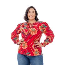 Blusa Feminina Plus Size de Manga Longa com Franzido Delicado nos Ombros, Amarração na Gola e Lastex nos Punhos Blusa Feminina Plus Size de Manga Longa com Franzido Delicado nos Ombros, Amarração na Gola e Lastex nos Punhos