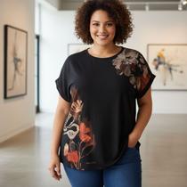 Blusa Feminina Plus Size de Viscose Estampada com Gola Redonda e Manga Morcego Cereja Rosa