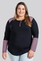 Blusa Feminina Plus Size Decote com Botões Detalhes Contrastantes Gola Mangas - Serena