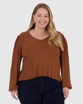 Blusa Feminina Plus Size Decote V Manga Longa Em Malha Viscose Canelada