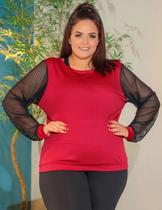 Blusa Feminina Plus Size em Crepe de Alfaiataria Manga Comprida em Tela - Fitmoda