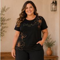 Blusa Feminina Plus Size em Viscose com Estampa Floral e Gola Redonda Cereja Rosa