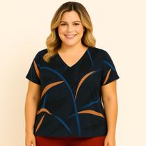 Blusa Feminina Plus Size, Estampa Floral, Manga Curta Preto Blusa Feminina Plus Size, Estampa Floral, Manga Curta Preto