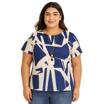 Blusa Feminina Plus Size, Estampada, Azul, Tam. 48 Blusa Feminina Plus Size, Estampada, Azul, Tam. 48