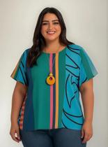 Blusa Feminina Plus Size Estampada, Manga Curta, Azul, Tam. 46 Blusa Feminina Plus Size Estampada, Manga Curta, Azul, Tam. 46