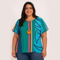 Blusa Feminina Plus Size Estampada, Manga Curta, Azul, Tam. 46 Blusa Feminina Plus Size Estampada, Manga Curta, Azul, Tam. 46