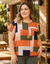 Blusa Feminina Plus Size Estampada, Manga Curta, Tam. 48 Blusa Feminina Plus Size Estampada, Manga Curta, Tam. 48