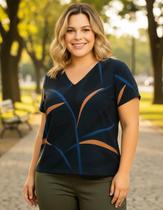Blusa Feminina Plus Size, Estampada, Preto, Decote em V Blusa Feminina Plus Size, Estampada, Preto, Decote em V