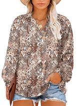 Blusa feminina plus size Eytino Boho Floral com decote em V 2x cáqui
