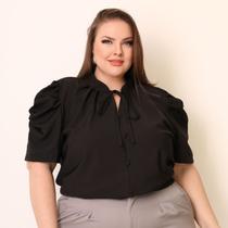 Blusa Feminina Plus Size Gola Lacinho Manga Curta Com Botoes