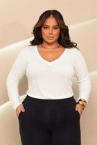 Blusa Feminina Plus Size Gola V Manga Longa Cor Off White GG Veste 48 ao 54 Moda