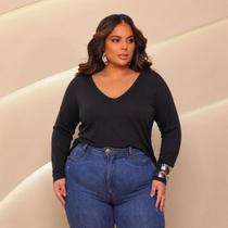 Blusa Feminina Plus Size Gola V Manga Longa Cor PRETA GG Veste 48 ao 54 Moda Curvy Elegante