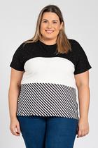 Blusa feminina plus size malha visose detalhe em brilho e malha listrada