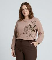 Blusa Feminina Plus Size Manga 7/8 Secret Glam Marrom Blusa Feminina Plus Size Manga 7/8 Secret Glam Marrom