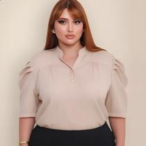Blusa Feminina Plus Size Manga Bufante Com Botões Crepinho