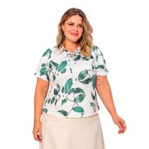 Blusa feminina plus size manga curta estampa tropical com renda em crepe suave