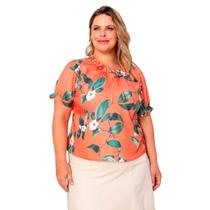 Blusa feminina plus size manga curta estampa tropical com renda em crepe suave