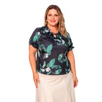 Blusa feminina plus size manga curta estampa tropical com renda em crepe suave
