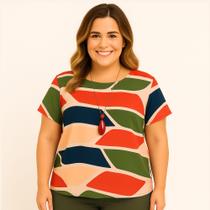 Blusa Feminina Plus Size, Manga Curta, Estampada, Tam. 48 Blusa Feminina Plus Size, Manga Curta, Estampada, Tam. 48
