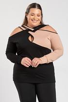 Blusa Feminina Plus Size Manga Longa Bicolor Detalhe Tiras Transpassada - Serena