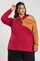 Blusa Feminina Plus Size Manga Longa Bicolor Detalhe Tiras Transpassada - Serena
