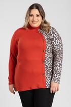 Blusa Feminina Plus Size Manga Longa Detalhe Animal Print - Serena