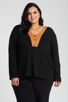 Blusa Feminina Plus Size Manga Longa Detalhe Constratante Decote - Serena