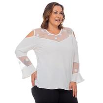 Blusa Feminina Plus Size Manga Longa Detalhe em Renda Elegante G1 G2 G3 G4