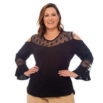 Blusa Feminina Plus Size Manga Longa Detalhe em Renda Elegante G1 G2 G3 G4