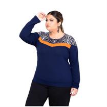 Blusa Feminina Plus Size Manga Longa Detalhe Oncinha Social Suede Blusinha