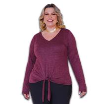 Blusa Feminina Plus Size Manga Longa em Malha Decote V com Amarração Estoque Limitado