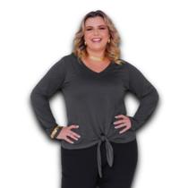 Blusa Feminina Plus Size Manga Longa em Malha Decote V com Amarração Estoque Limitado Blusa Feminina Plus Size Manga Longa em Malha Decote V com Amarração Estoque Limitado