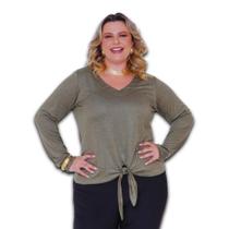 Blusa Feminina Plus Size Manga Longa em Malha Decote V com Amarração Estoque Limitado