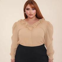 Blusa Feminina Plus Size Manga Longa Gola V Rendinha Babado