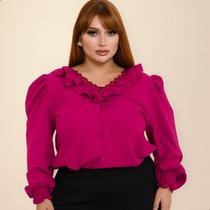Blusa Feminina Plus Size Manga Longa Gola V Rendinha Babado